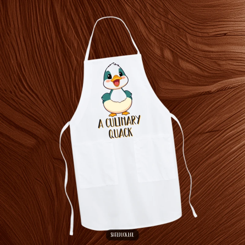 Funny shelduck apron featuring a bird with its mouth open in a happy quack, a humorous addition to any kitchen.