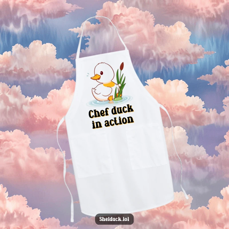Funny shelduck apron showing a happy shelduck bird playfully pecking at a floating reed, ideal for cooking and baking fun.