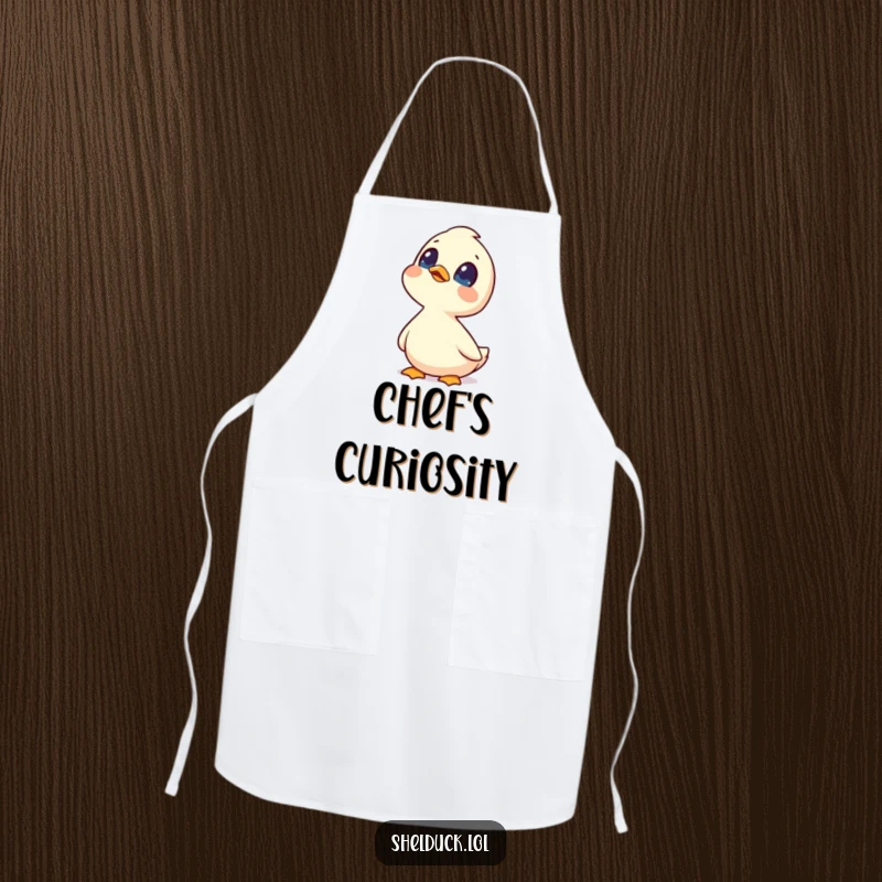 Funny shelduck apron showing a curious shelduck bird looking up at the sky, adding a touch of whimsy to cooking.