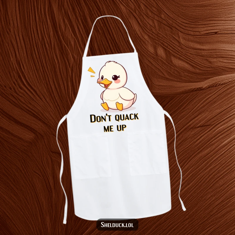 Funny shelduck apron depicting a cute duck character quacking, with a visible sound wave graphic, making cooking a joyful affair.