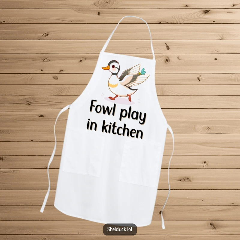 Funny shelduck apron, comically chasing a dragonfly while cooking, highlighting a chef's playful and humorous approach to meal preparation.