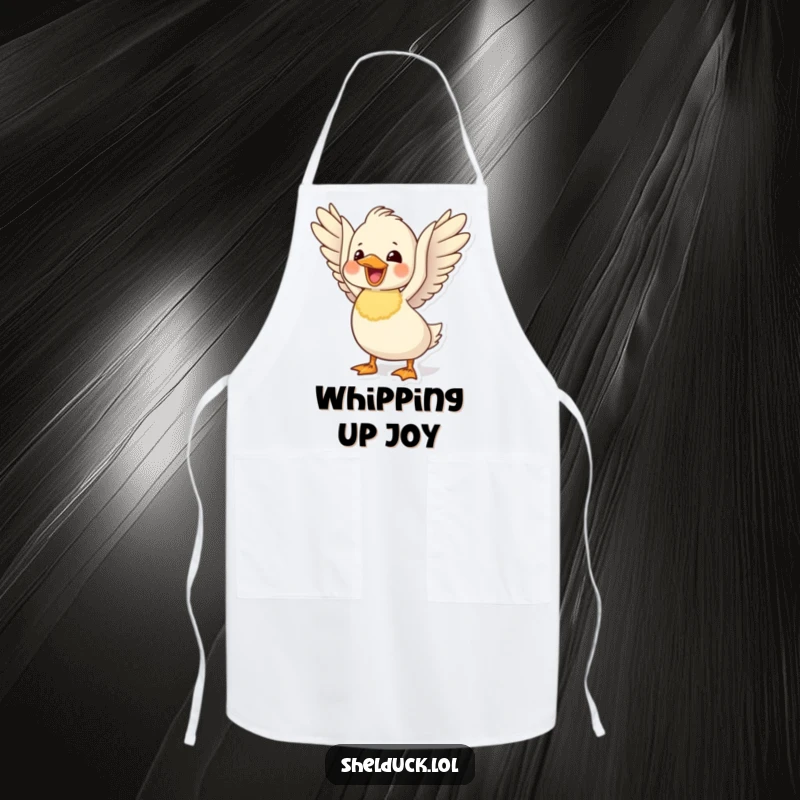 Funny delighted shelduck apron with a cute bird flapping its wings, perfect for happy cooking and messes.