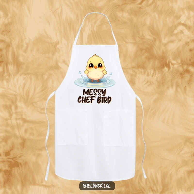 Funny apron with a small, fluffy bird with large, curious eyes joyfully splashing in a puddle, for a fun cooking experience.