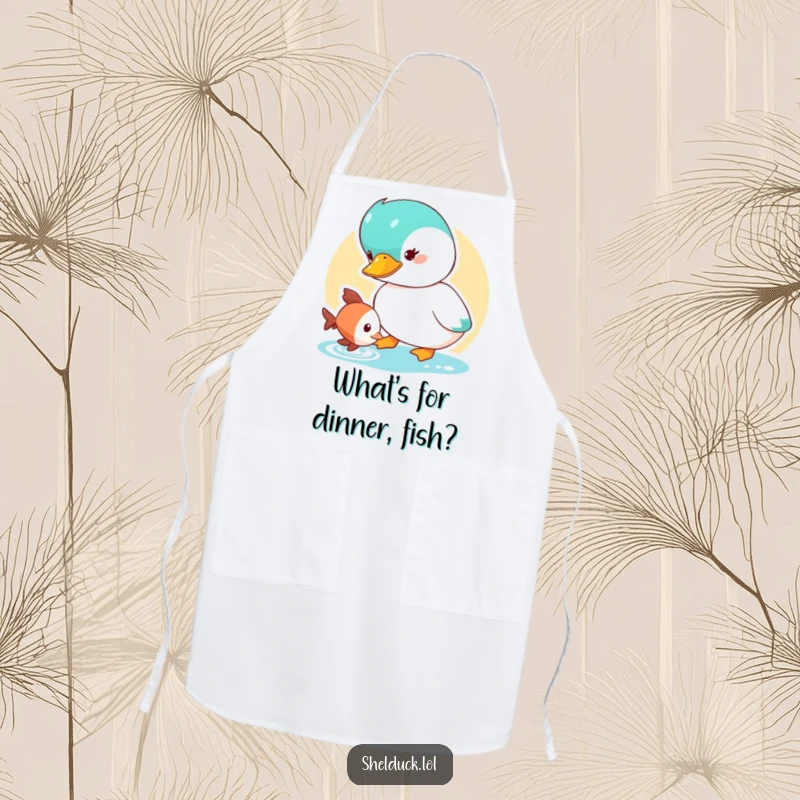 Funny Shelduck Apron showing a cute duck character curiously looking at a small fish, great for a curious cook.