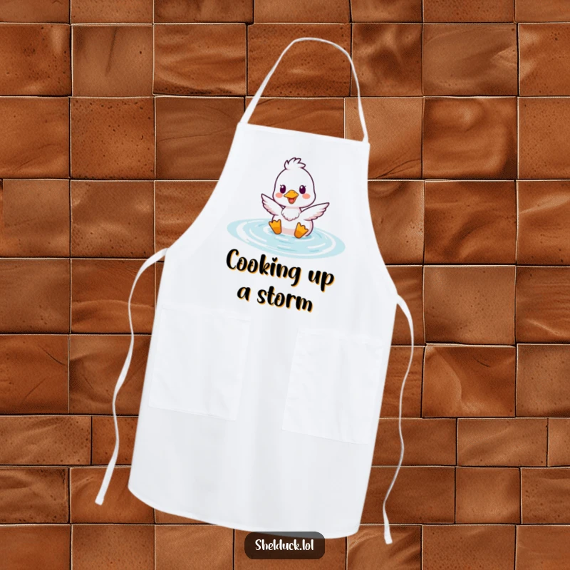 Funny Shelduck Bobbing Apron showing a happy duck emerging from water, a humorous and functional kitchen wear item.