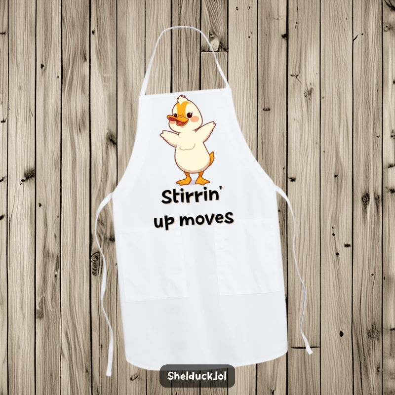 Funny Shelduck Apron: A shelduck is shown doing a funny, bobbing dance, perfect for a playful cook.