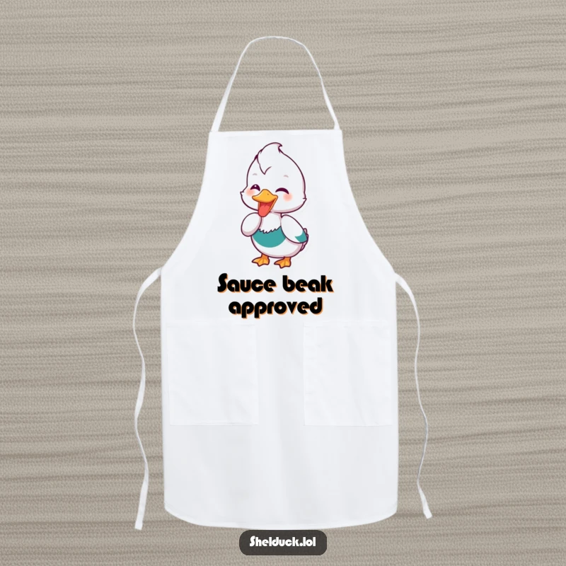 Funny Shelduck Apron: A functional apron featuring a shelduck bird joyfully dipping its beak, designed for kitchen fun and a splash of humor.