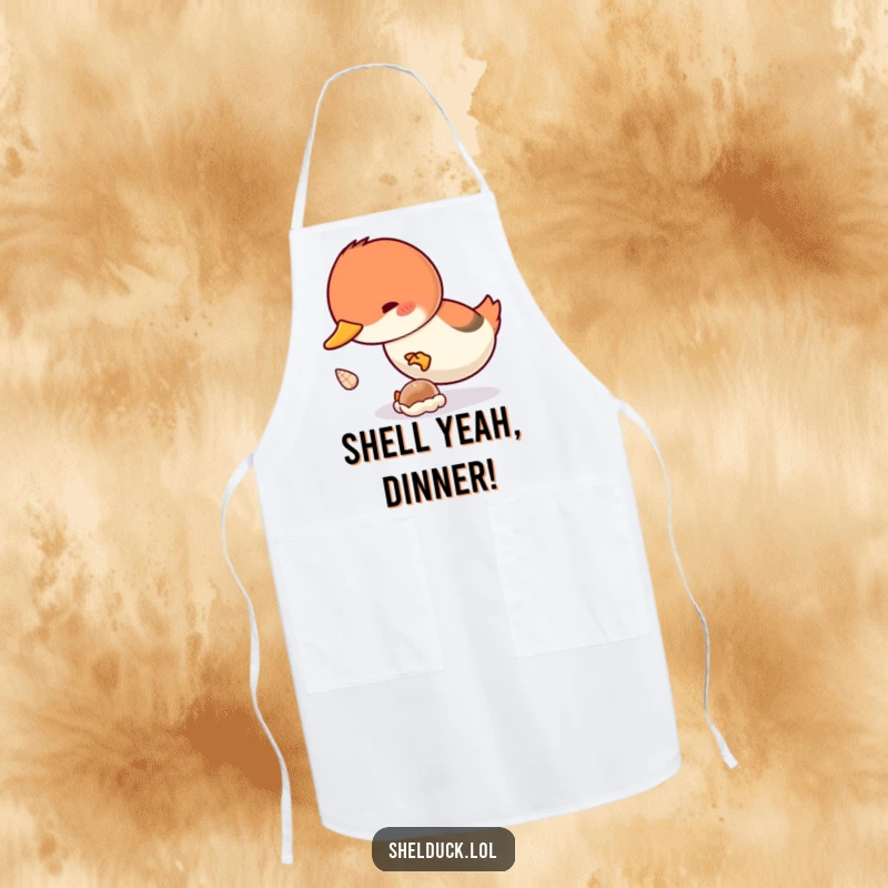 Funny Shelduck Dive Apron: A kitchen apron showing a shelduck bird enthusiastically diving for a tiny shell, ideal for cooking.