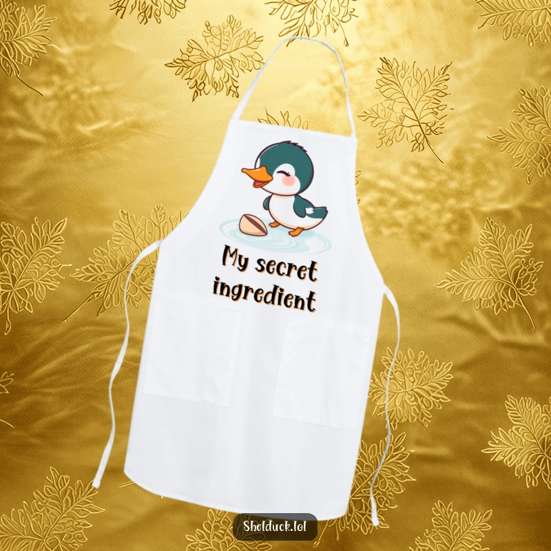 Funny Shelduck Diving Apron: A humorous apron depicting a shelduck diving enthusiastically for a shell, a great funny gift.