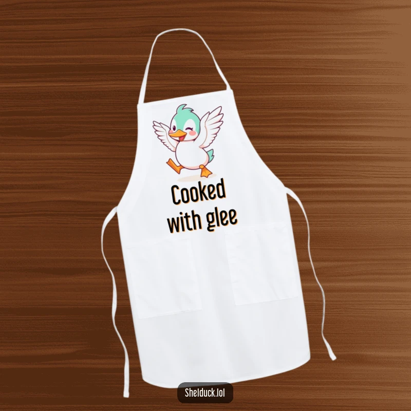 Funny Shelduck Apron, showing a cute cartoon bird character flapping its wings with pure excitement, perfect for kitchen adventures.