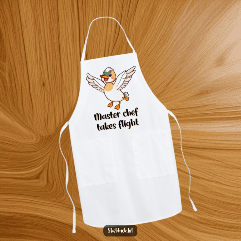 Funny apron featuring a shelduck bird flying with wings outstretched, perfect for the joyful chef in the kitchen.