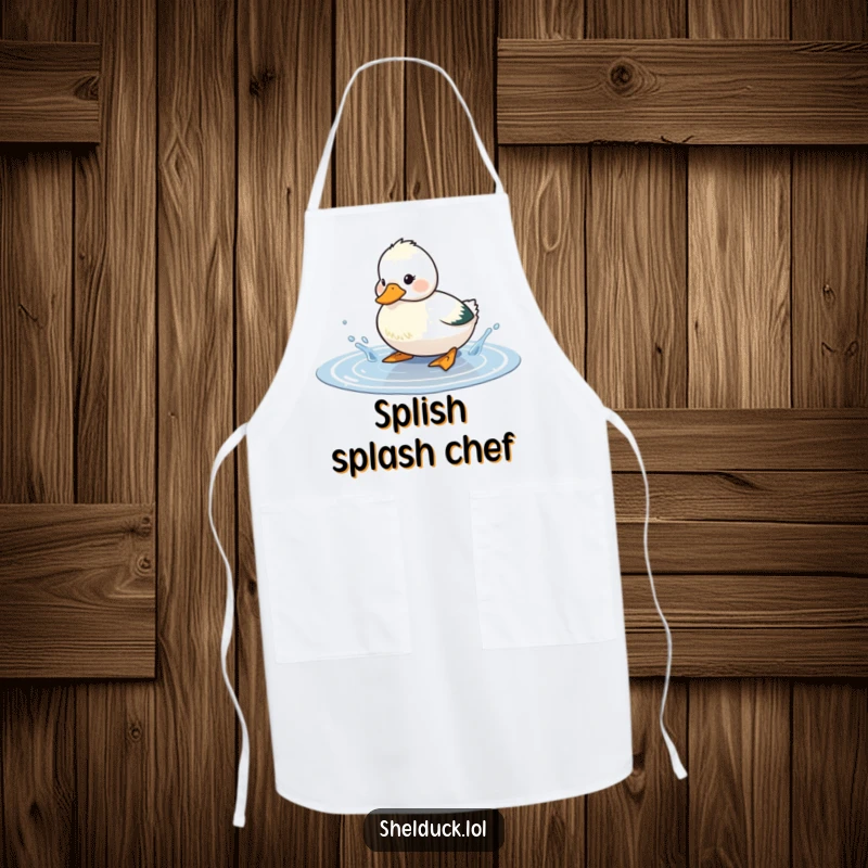 Funny shelduck apron showing a cute bird playfully splashing water in a puddle, a humorous and practical accessory for any cook