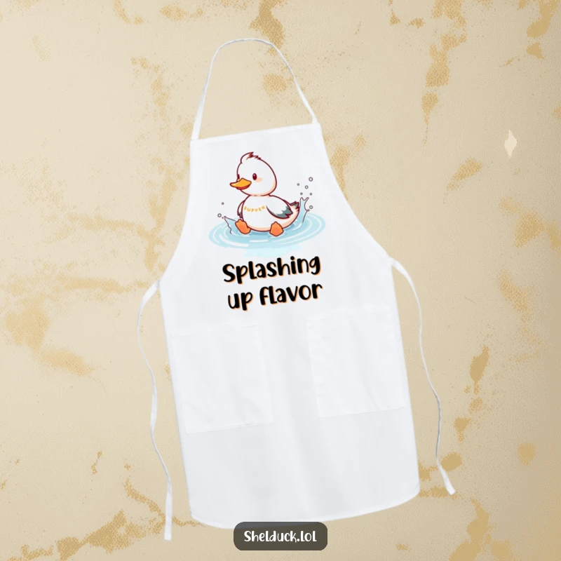 Funny shelduck apron designed with a playful bird splashing in imaginary water, bringing humor to kitchen activities.