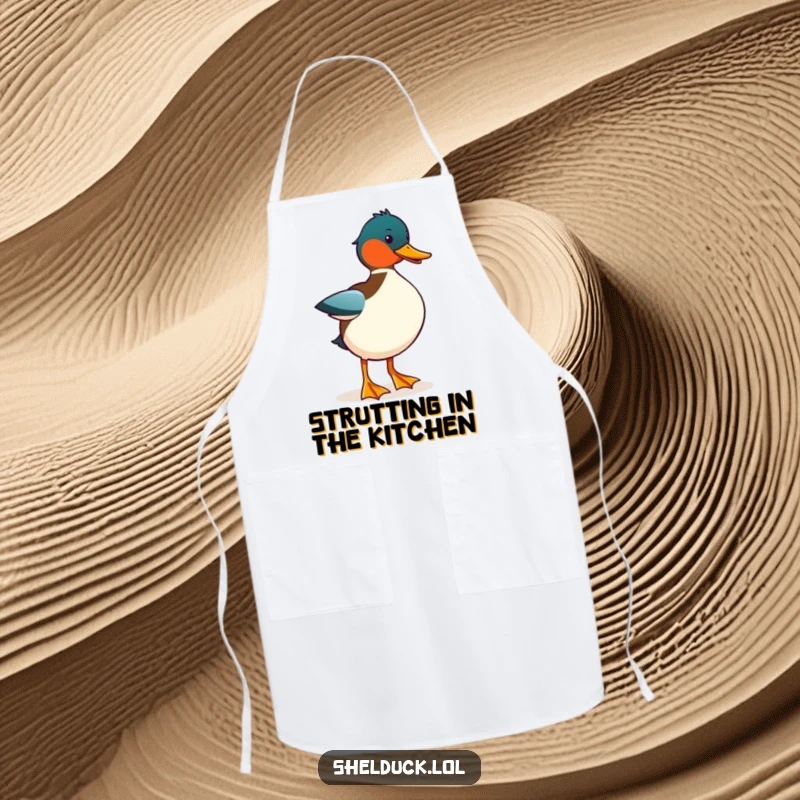 Funny Shelduck Strut Apron: A kitchen apron showcasing a shelduck bird doing a funny, exaggerated strut, ideal for cooking.