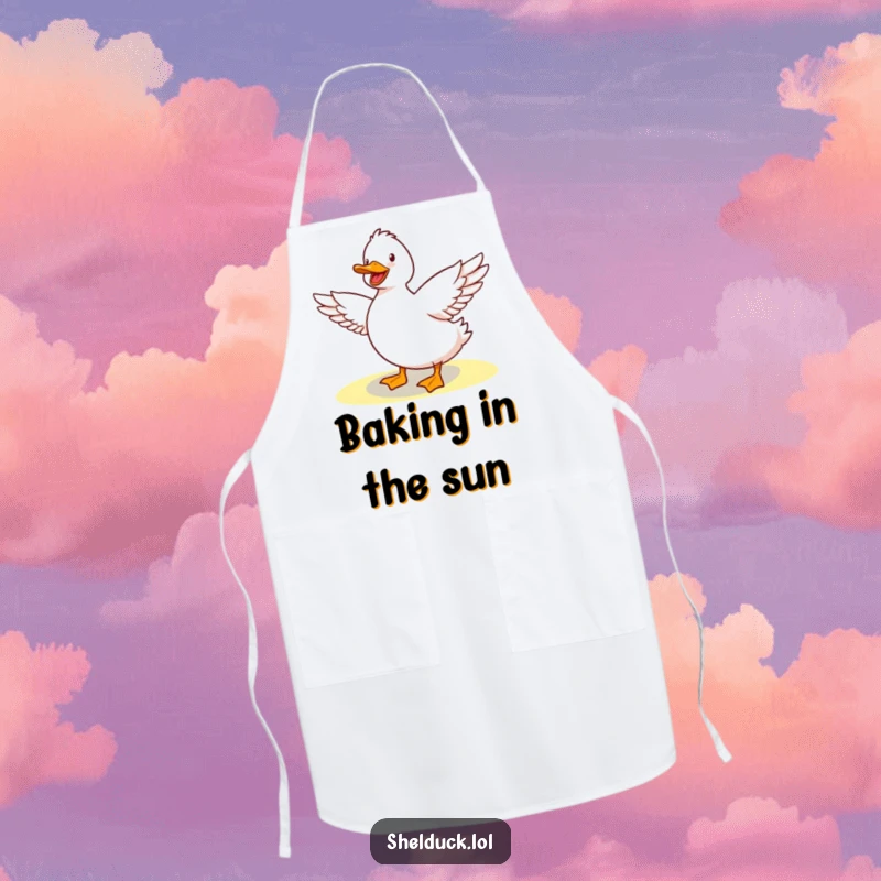Funny Shelduck Apron: A cute shelduck character joyfully stretching its wings in the sunshine, adding humor to kitchen tasks.
