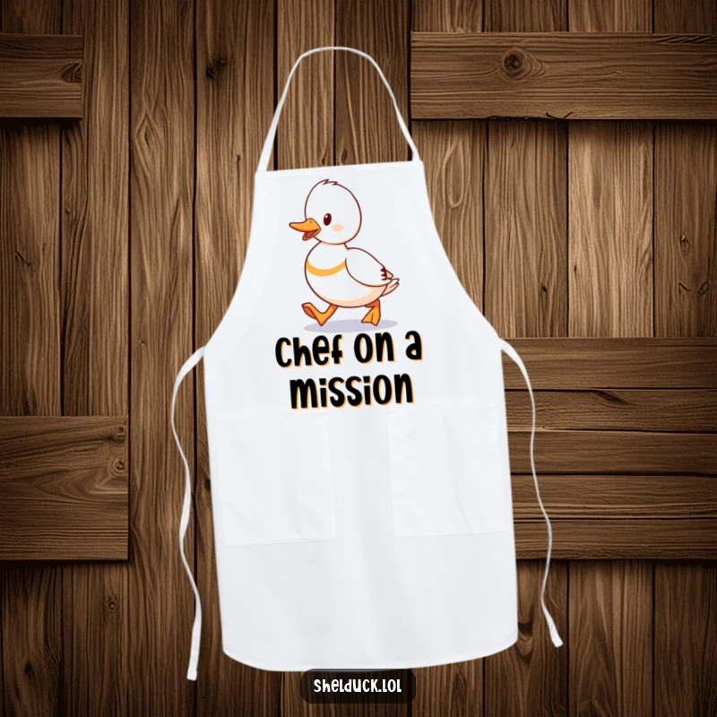 Funny Shelduck Waddling Apron showing a duck striding with purpose, a humorous and functional kitchen wear item.
