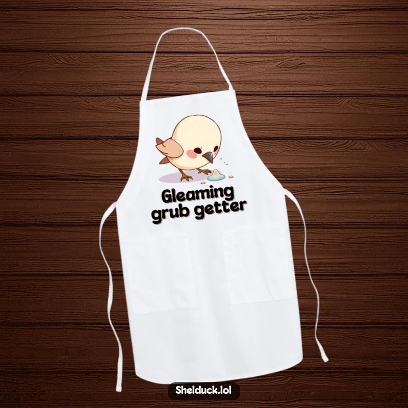 Funny bird character intently pecking at a shiny object, depicted on a cooking apron.
