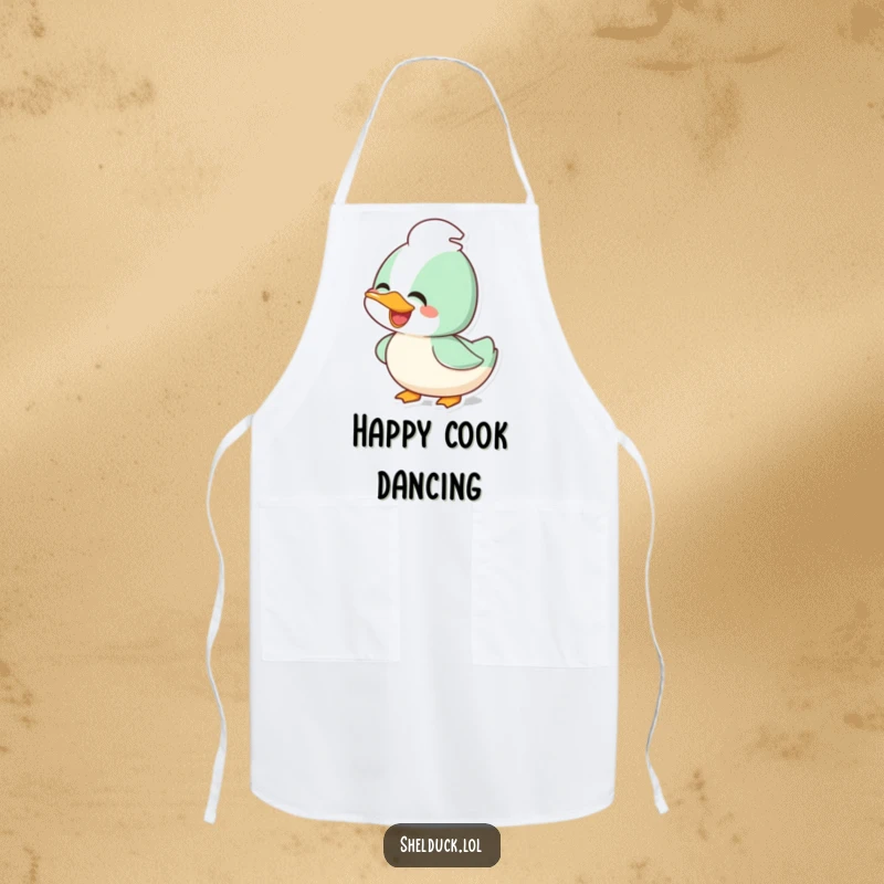 Funny joyful shelduck apron with a happy bird bobbing its head, perfect for kitchen antics and spills.