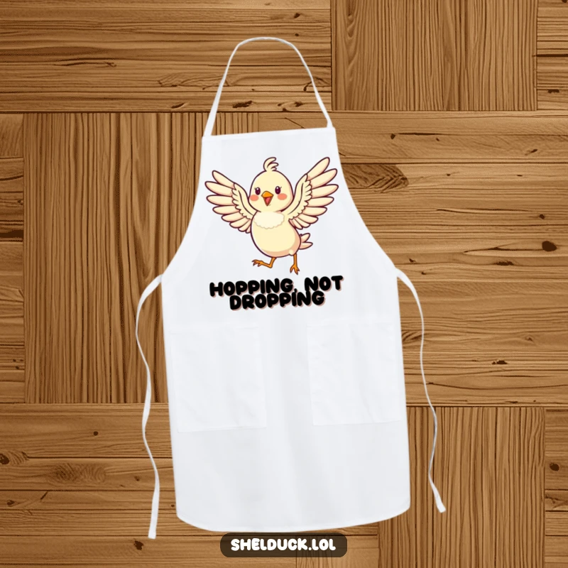 Funny apron featuring a cheerful bird hopping high with its wings spread wide, ready for kitchen fun.