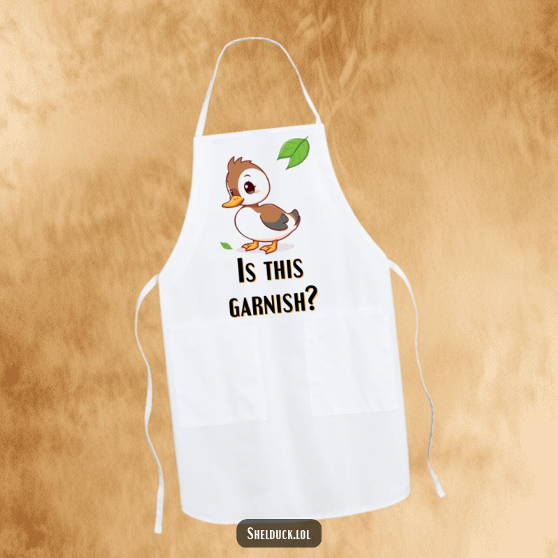 Funny Apron featuring a curious shelduck character tilting its head at a floating leaf.
