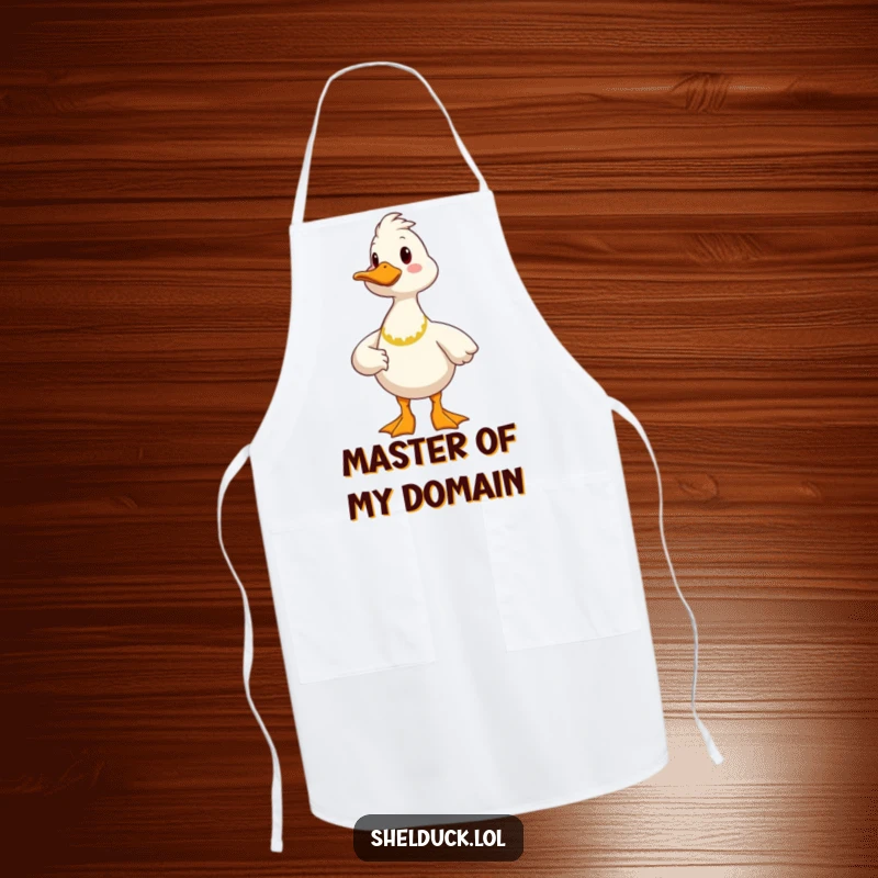 Funny proud shelduck apron featuring a cheerful bird in a proud stance, designed for kitchen fun and mess protection.