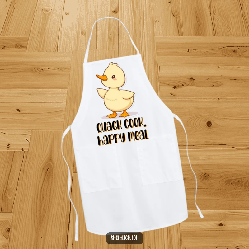 Funny Shelduck Apron showing a cute duck character in a happy quacking pose, great for cheerful cooking.