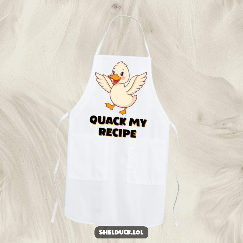 Funny shelduck apron showing a cute bird happily quacking and flapping its wings with kitchen-ready enthusiasm.