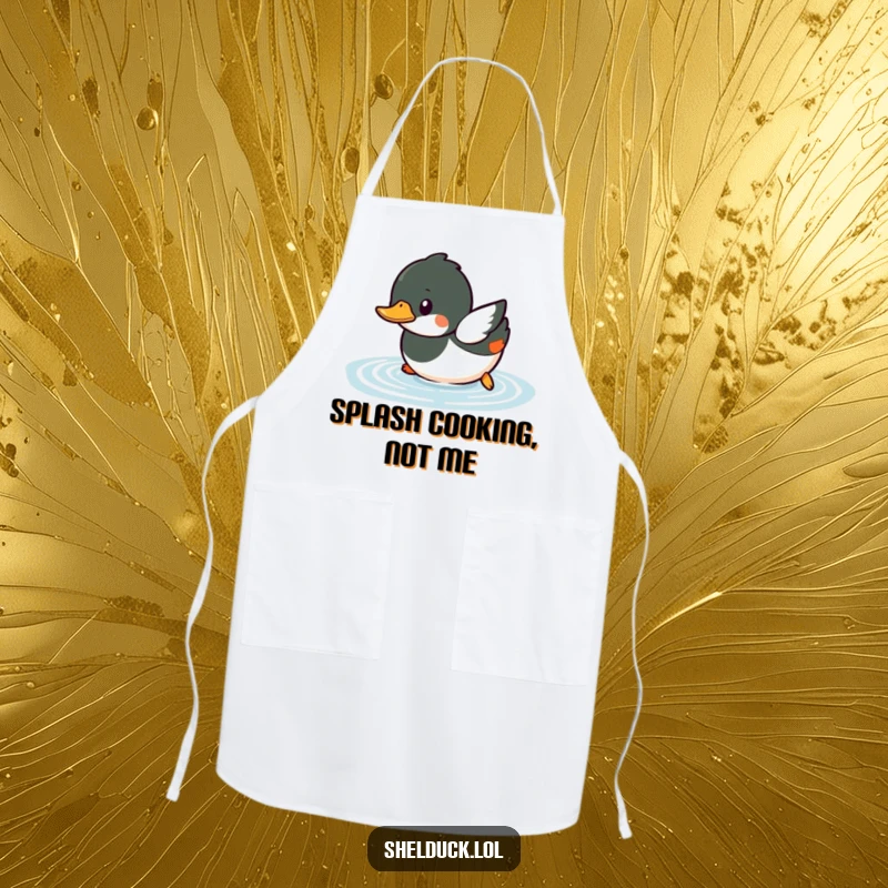 Funny shelduck apron showing a small bird playfully diving into water, ready for kitchen fun.