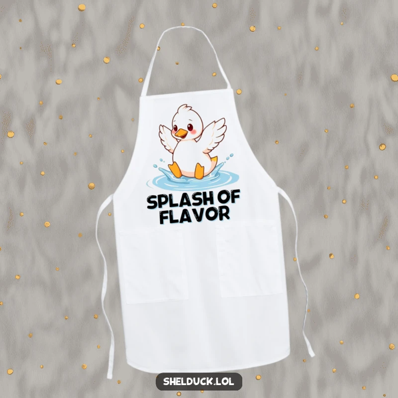 Funny shelduck apron featuring a bird humorously splashing water with its wings, ideal for kitchen fun.