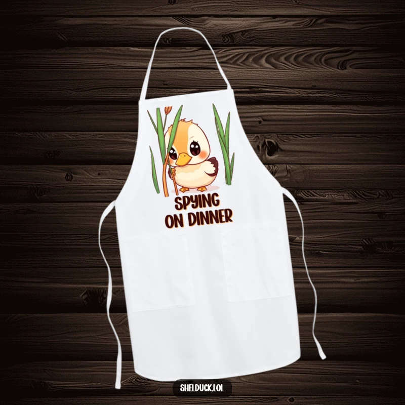 Funny shelduck apron, wide-eyed bird peeking from reed, humorous kitchen accessory, ideal gift for chefs.