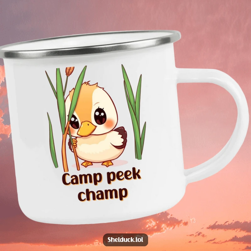 Funny shelduck camping mug, wide-eyed bird peeking from reed, enamel cup, outdoor adventure, great gift.