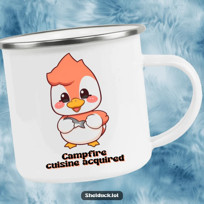Funny shelduck camping mug featuring a cheerful bird holding a fish, perfect for outdoor use.