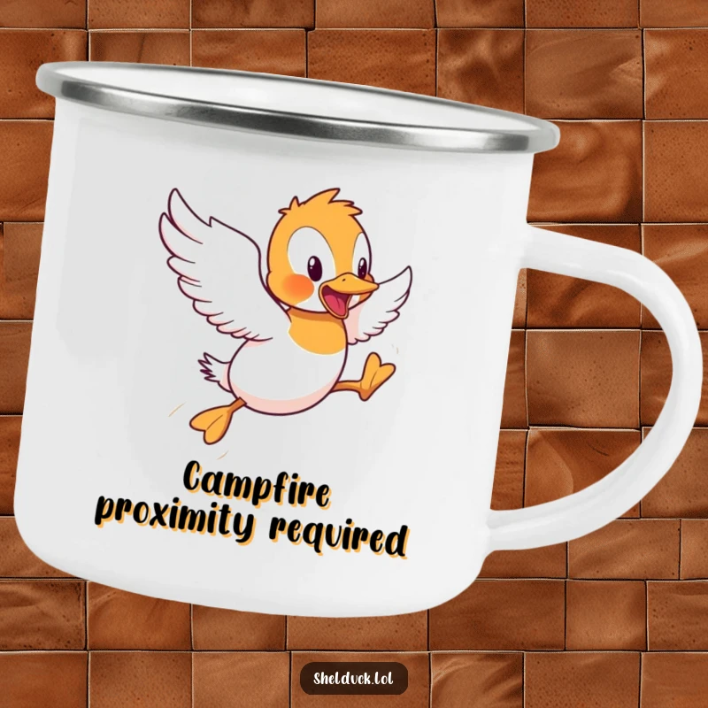 Funny Shelduck Camping Mug: A sturdy mug with a shelduck bird hilariously attempting short flight hops, for your next outdoor adventure.
