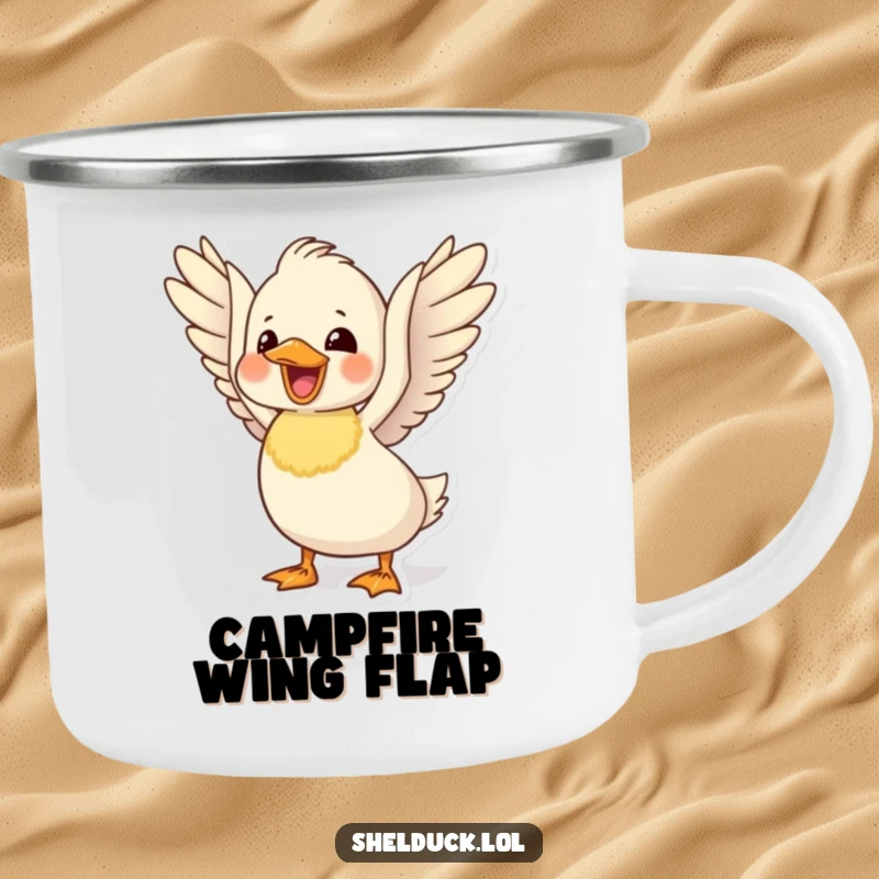 Funny delighted shelduck camping mug with a cute bird flapping its wings, ready for cheerful explorations.