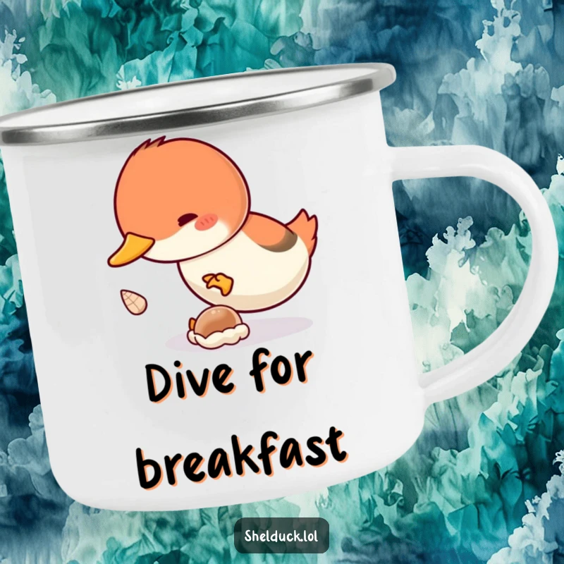 Funny Shelduck Dive Campfire Mug: A sturdy mug featuring a shelduck bird enthusiastically diving for a shell, perfect for camping.