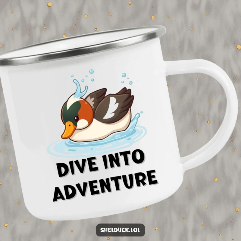 Funny Shelduck Camping Mug: A comical bird dives into water, ready for outdoor adventures, bringing funny splash humor, excellent funny gift.