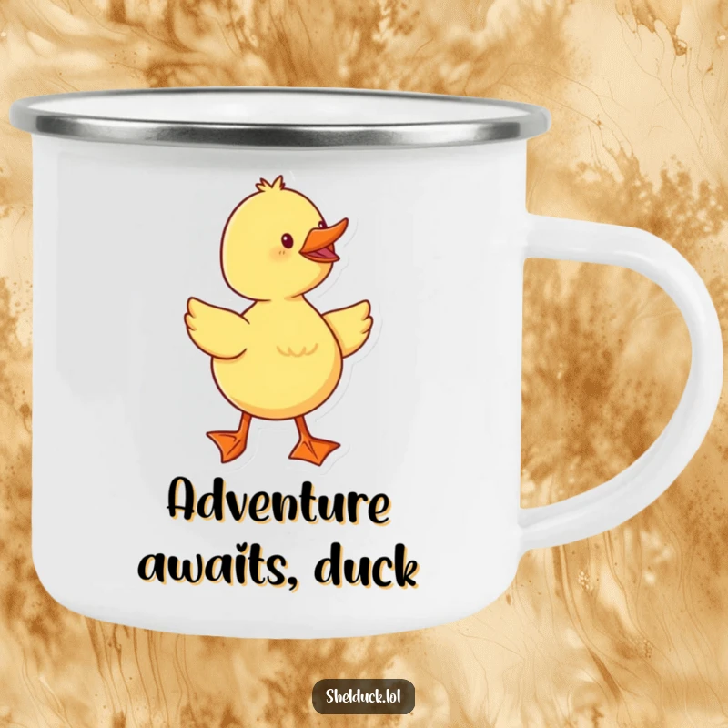 Funny duckling character waddling with joy on a sturdy camping mug, perfect for outdoor enthusiasts.