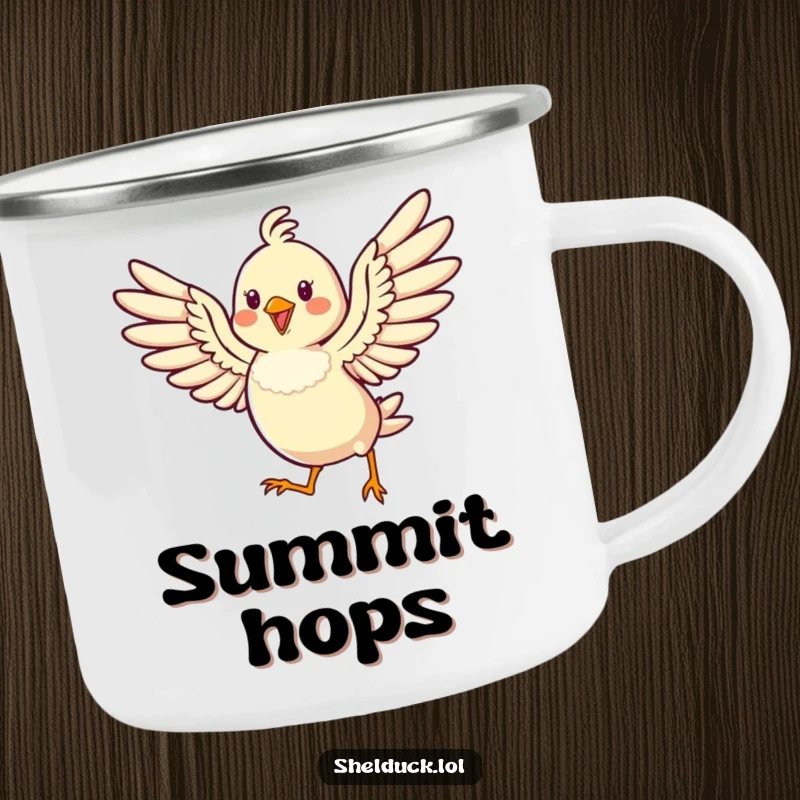 Funny camping mug featuring a cheerful bird hopping high with its wings spread wide for outdoor enjoyment.