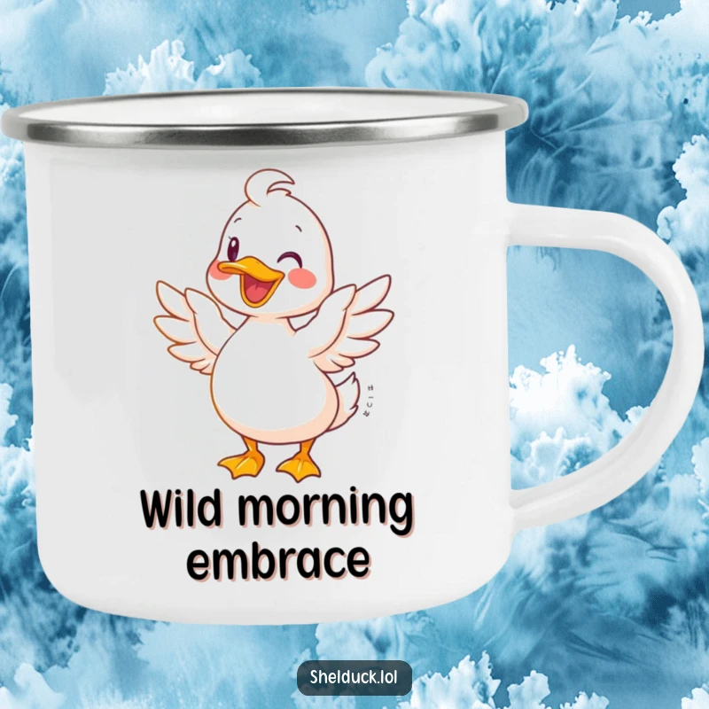 Funny Shelduck Camping Mug: A joyful shelduck spreads its wings wide, symbolizing happiness in the outdoors.