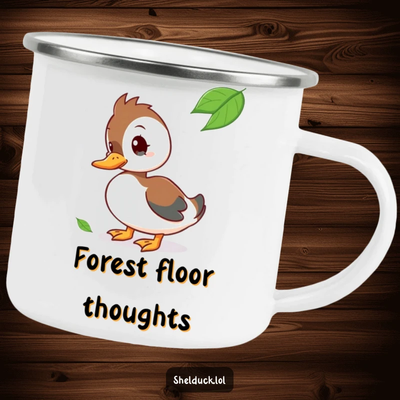 Funny Camping Mug featuring a curious shelduck bird tilting its head at a floating leaf.