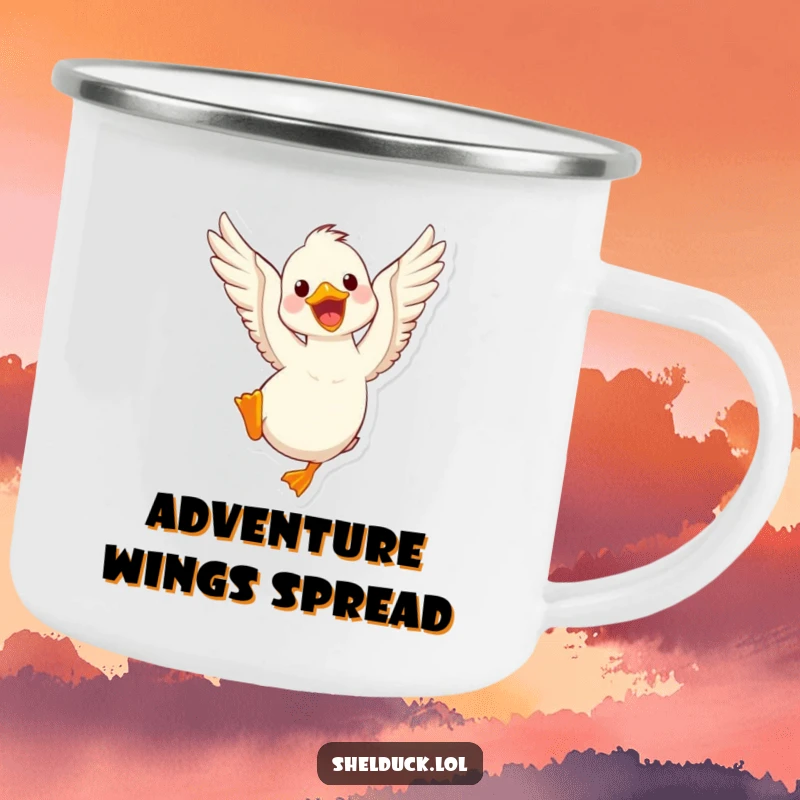 Funny shelduck camping mug featuring a cute bird flapping its wings, perfect for enjoying drinks during outdoor adventures