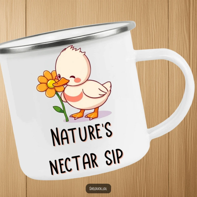 Funny Shelduck Camping Mug: A rugged mug with a shelduck bird pecking a flower, designed for outdoor enjoyment and humorous sips.