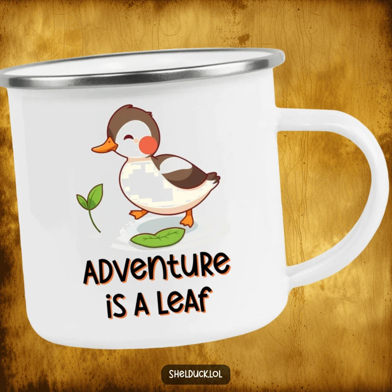Funny shelduck camping mug featuring a bird humorously chasing a small floating leaf, perfect for outdoor enthusiasts who love humor.
