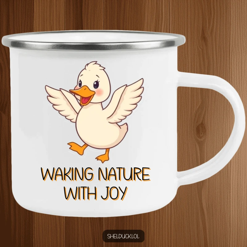 Funny shelduck camping mug featuring a cute, happy bird quacking and flapping its wings, ready for adventure.