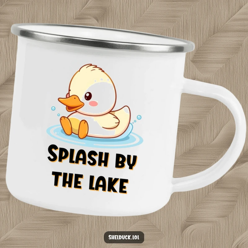 Funny Shelduck Camping Mug with a cute duck happily splashing in water.