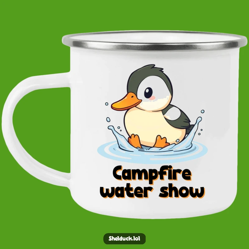 Funny Shelduck Splashing Camping Mug - Playful Bird Enamel Cup, Gift