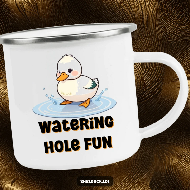 Funny shelduck camping mug featuring a cute bird playfully splashing water in a puddle, perfect for enjoying drinks during outdoor adventures