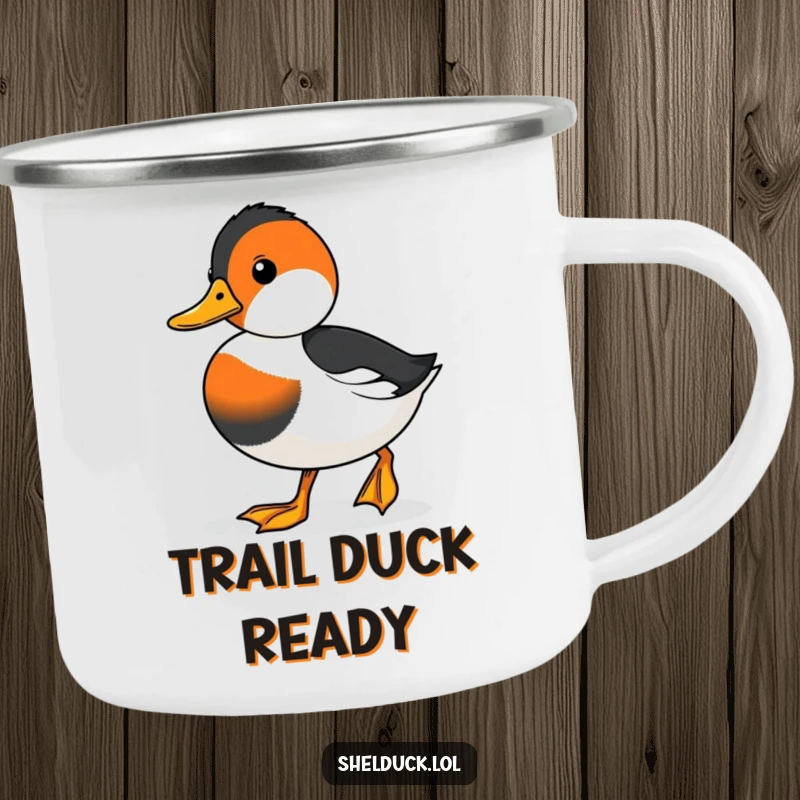 Funny camping mug featuring a cute shelduck waddling with determination, perfect for outdoor enthusiasts and their morning brews.