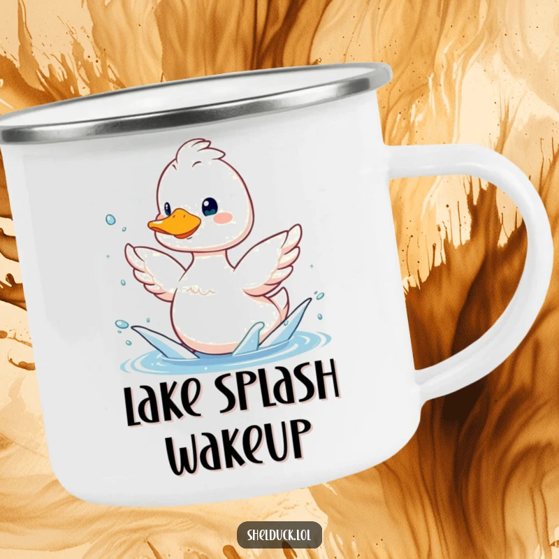 Funny shelduck camping mug, enamel cup with a smiling bird splashing water with its wings, outdoor humor.