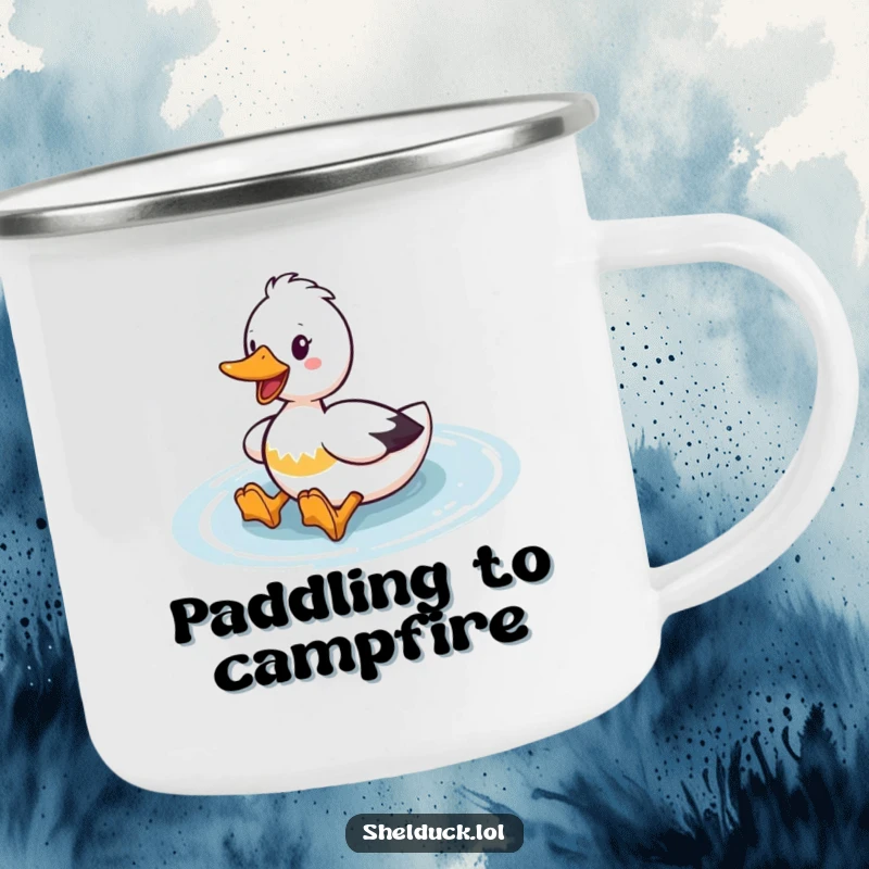 Funny Shelduck Camping Mug: Sturdy cup featuring a shelduck enthusiastically paddling, perfect for cheerful outdoor sipping.